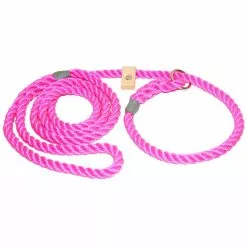 KJK Ropeworks Gundog Slip Lead With Sliding Leather Stoppers-Pink